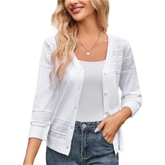 Women's 2024 Cropped Cardigan 3/4 Sleeve Lightweight Crochet Shrug Hollowed - Picture 1 of 6
